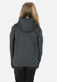 Dark grey hoodie with a soft texture, attached hood, and ribbed cuffs. The design features a simple, minimalistic style without visible logos.