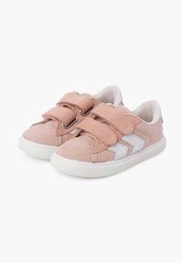 Pink suede sneakers with white accents, featuring two Velcro straps and a textured white rubber sole. Classic low-profile design.