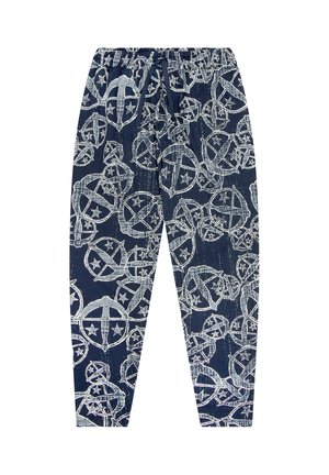 Tummansinisiä housuja, joissa on valkoinen graafinen kuvio, jossa on tähtiä ja pyöreitä muotoja. Joustava vyötärö vyönauhakiristimellä säädettävää istuvuutta varten.