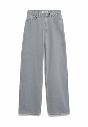 Lichtgrijze high-waist jeans met wijde pijpen, voorzakken, riemlussen, knoop, ritssluiting en een Armedangels-label aan de binnenkant van de tailleband.
