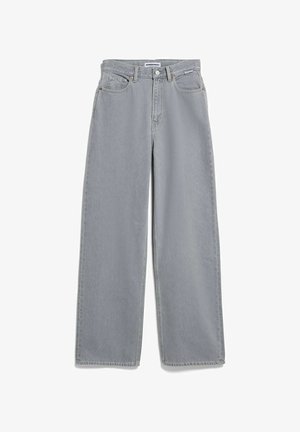 Lichtgrijze high-waist jeans met wijde pijpen, voorzakken, riemlussen, knoop, ritssluiting en een Armedangels-label aan de binnenkant van de tailleband.