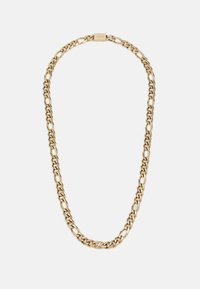 Collier en chaîne en or avec des maillons ovales et ronds entrelacés, d'une texture lisse. Comprend un fermoir rectangulaire avec une marque.