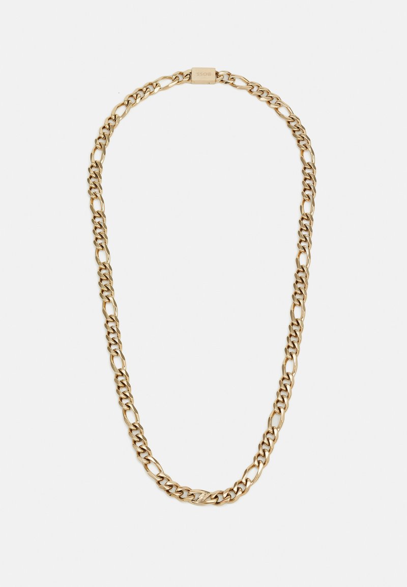 Collier en chaîne en or avec des maillons ovales et ronds entrelacés, d'une texture lisse. Comprend un fermoir rectangulaire avec une marque.