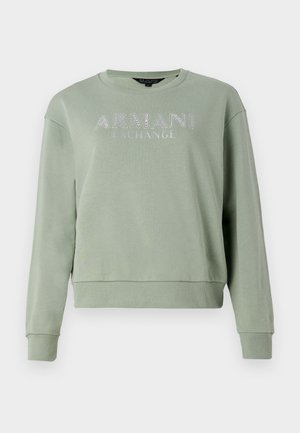 Vihreä huppari, joka on valmistettu pehmeästä kankaasta, jossa on pyöreä kaulus ja ribbikuvioidut hihansuut. "Armani Exchange" on painettu hopeisena etupuolelle.