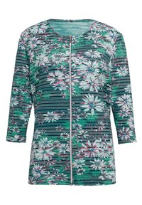 Blumige Zip-Jacke mit dreiviertel Ärmeln, die ein gestreiftes Muster in Blau, Grün und Weiß mit rosa und weißen Blumen aufweist. Leichtes Material.