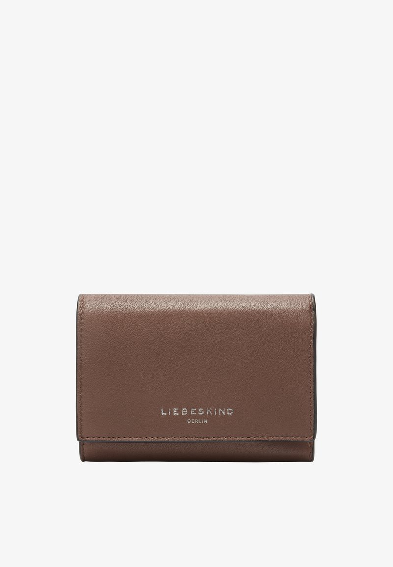 Brown leather wallet with a smooth texture, fold-over design, and silver logo detail at the front. Compact, with rounded edges.