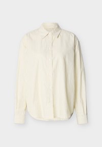 Chemise crème à manches longues avec fines rayures noires verticales, boutonnée sur le devant, col pointu et poignets boutonnés.
