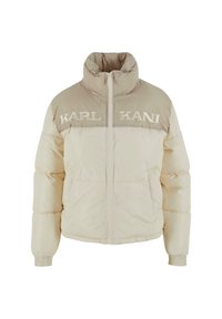 Bunda typu puffer v krémovej farbe s béžovými akcentmi. Vysoký golier, predné zapínanie na zips a vyšívané logo "KARL KANI" na hrudi. Štruktúrovaná látka.