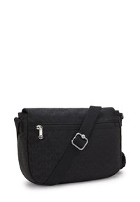 Borsa a tracolla nera realizzata in tessuto texturizzato. Presenta una tasca con zip, una tracolla regolabile e un accento in metallo argentato.
