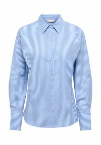 Chemise à boutons à rayures bleues et blanches, manches longues et col pointu. Fabriquée en tissu lisse, elle présente des rayures verticales et des poignets.