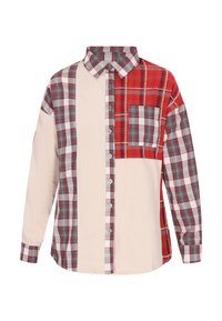 Camicia button-up a plaid con sezioni alternate di modelli rossi, grigi e beige, dotata di una piccola tasca sul petto e maniche lunghe.