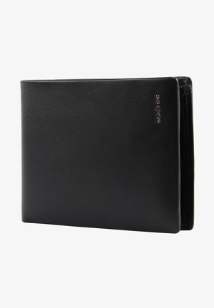 Black leather bifold wallet with smooth texture, embossed branding on the front, and multiple card slots visible on the interior.