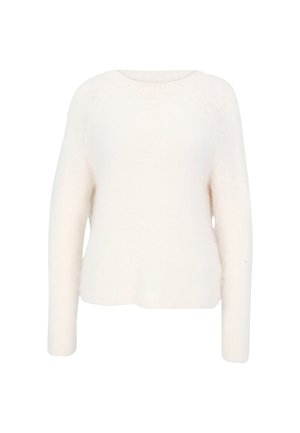 Maglione lavorato a maglia bianco con maniche lunghe, scollatura rotonda e una texture morbida e pelosa. L'orlo è dritto e arriva fino in vita.