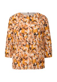 Geprinte blouse met een abstract patroon in oranje, zwart en room, met een ronde halslijn en driekwartmouwen. Getextureerde stof.