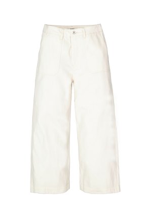 Pantalon blanc à jambes larges avec deux poches avant, taille haute et finition lisse texturée. Design simple, conçu pour le confort et la polyvalence.