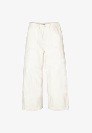 Pantalon blanc à jambes larges avec deux poches avant, taille haute et finition lisse texturée. Design simple, conçu pour le confort et la polyvalence.