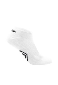 Chaussette basse blanche avec le texte noir "bro" près de la cheville et un design triangulaire noir sur le côté, isolée sur un fond blanc.