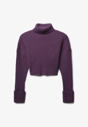 Pull à col roulé violet à côtes avec design court, manches longues et poignets repliés. Fabriqué en tissu tricot texturé.