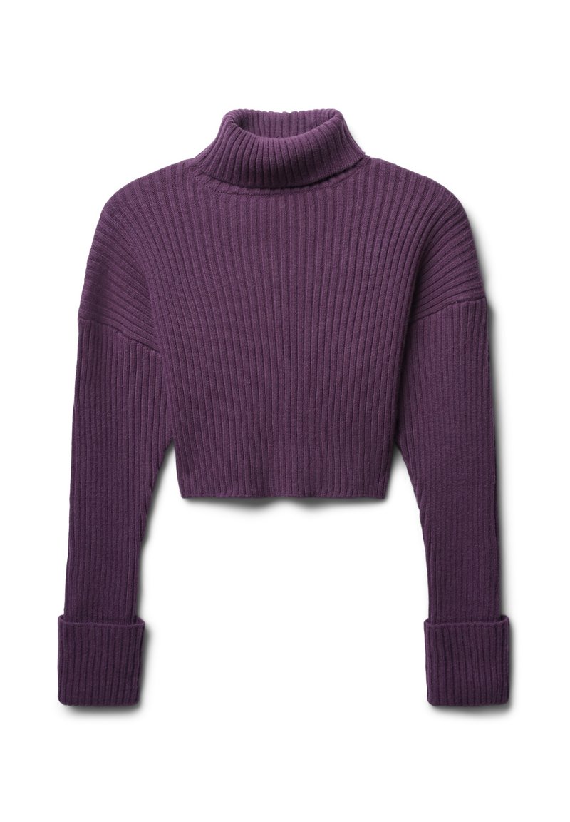 Lila gerippter Rollkragenpullover mit verkürztem Design, langen Ärmeln und gefalteten Bündchen. Hergestellt aus strukturiertem Strickmaterial.