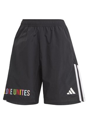 Zwarte sportshorts van lichte stof, met een kleurrijke "LOVE UNITES" graphic en drie witte strepen aan de zijkant.