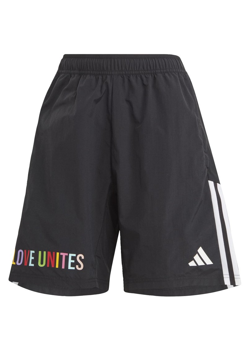 Zwarte sportshorts van lichte stof, met een kleurrijke "LOVE UNITES" graphic en drie witte strepen aan de zijkant.