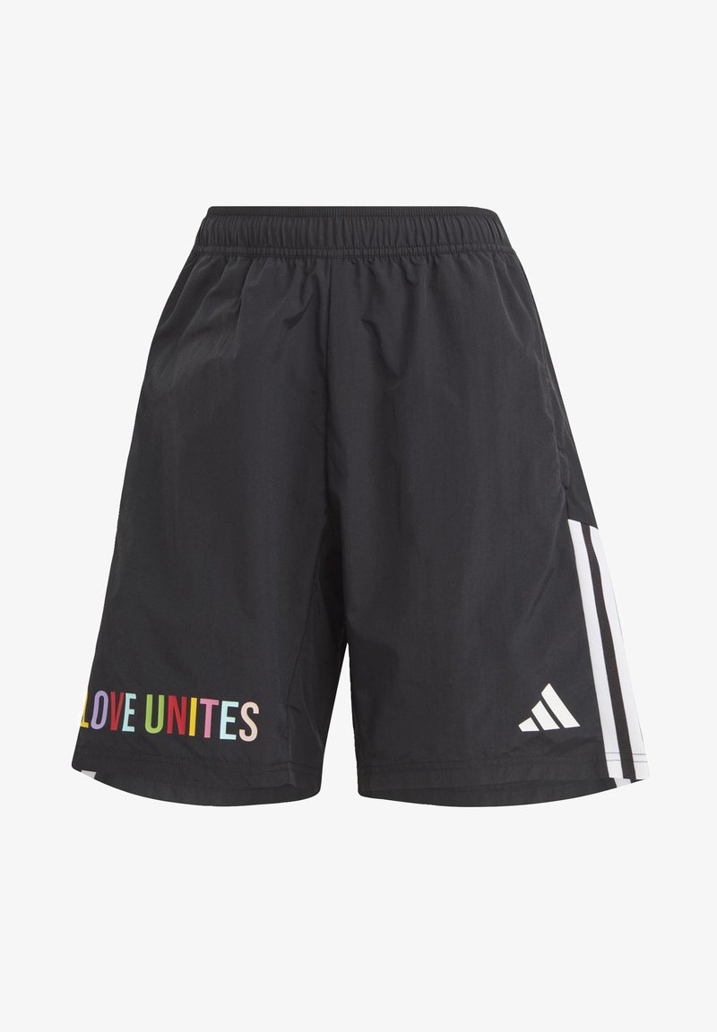 Schwarze Sportshorts aus leichtem Material, mit einem bunten "LOVE UNITES" Grafik und drei weißen Streifen an der Seite.