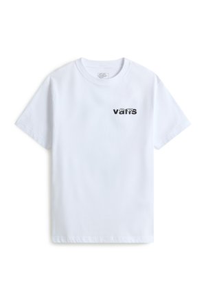 Camiseta blanca de manga corta con un pequeño logo negro de Vans en el pecho izquierdo, con letras estilizadas sobre un fondo liso.