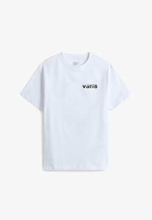 T-shirt bianca a maniche corte con piccolo logo nero Vans sul petto sinistro, con lettere stilizzate su sfondo semplice.