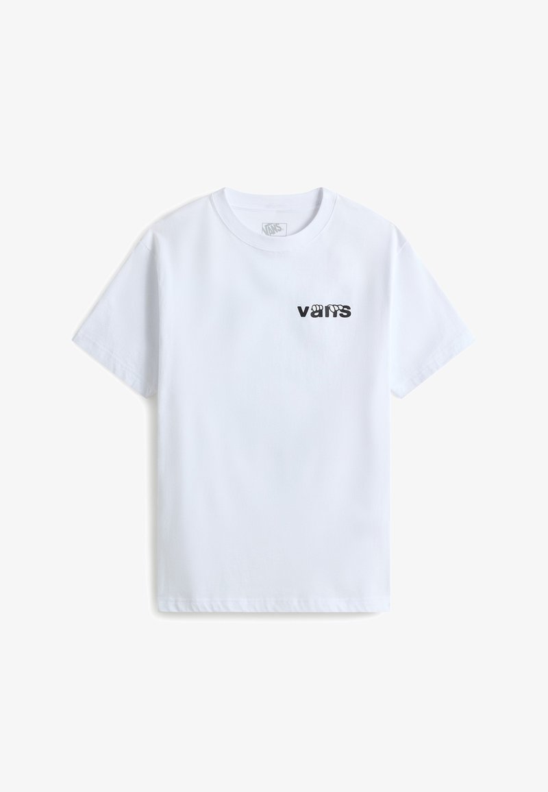 T-shirt blanc à manches courtes avec un petit logo Vans noir sur le côté gauche de la poitrine, avec des lettres stylisées sur un fond uni.