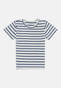 T-shirt à manches courtes rayé bleu et blanc, en coton, col rond, avec un détail de bouton sur l'épaule pour un enfilage facile.