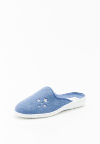 Pantofole blu in tessuto con finitura texturizzata, design slip-on, suola bianca e accenti ricamati a forma di stella.