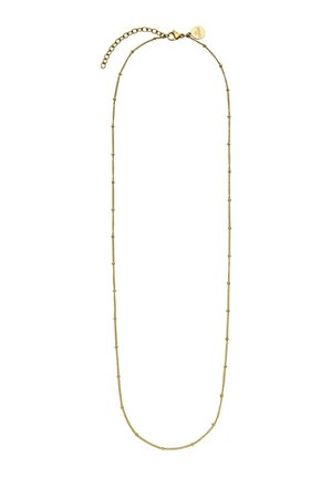 Zarte Goldkette mit kleinen, gleichmäßig verteilten Perlen und Karabinerverschluss mit verstellbarem Verlängerungskettchen.