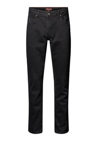 Pantaloni din denim negru cu croială dreaptă, cinci buzunare, închidere cu nasture metalic și branding subtil pe buzunarul din față. Textură netedă.