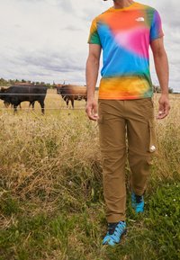 Kolorowa koszulka tie-dye w odcieniach pomarańczowego, niebieskiego i zielonego z logo; khaki spodnie cargo z wieloma kieszeniami; niebieskie buty trekkingowe; sceneria na świeżym powietrzu z bydłem.