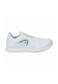 Scarpa atletica bianca con tomaia in rete, dettagli azzurri sul colletto e sul logo, suola in gomma testurizzata e design elegante.