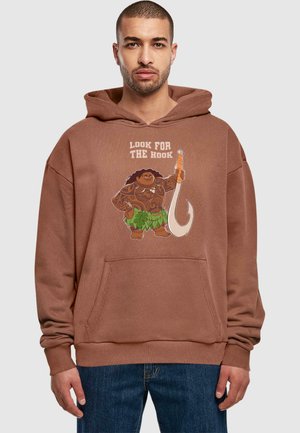 Brown hooded sweatshirt with front pocket featuring a graphic of a character holding a hook, text above reads "LOOK FOR THE HOOK."