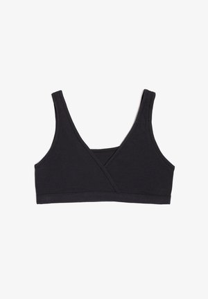 Black pullover bra made of soft cotton blend. Features wide straps and a crossover front design. Seamless edges and stretchy fabric for comfort.