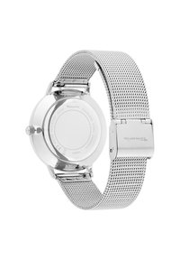 Silberner Edelstahl-Armbanduhr mit einem Mesh-Armband. Sie verfügt über ein rundes Gehäuse mit mattem Finish und einem Klappverschluss. Wasserfest bis 3 ATM.