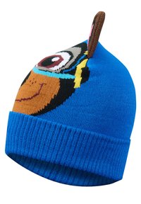Cappello di lana blu con design di personaggio, dettagli marroni e neri, orlo piegato e un piccolo orecchio marrone sulla parte superiore.