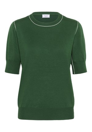 Un pull en tricot vert avec des manches courtes bouffantes, un col rond et des coutures blanches contrastantes le long du col et des bords des manches.