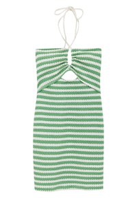 Zeleno-bílý pruhovaný šaty s nařaseným korzetem, výstřihem v pase a nastavitelnými šňůrkami na krku. Vyrobeny z texturované látky.