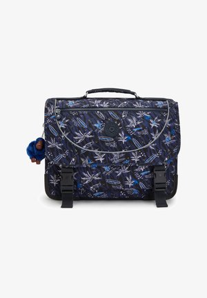 Sac à dos noir et bleu à motifs fleuris, avec des bretelles ajustables, un rabat avant et un charm en forme de singe décoratif.