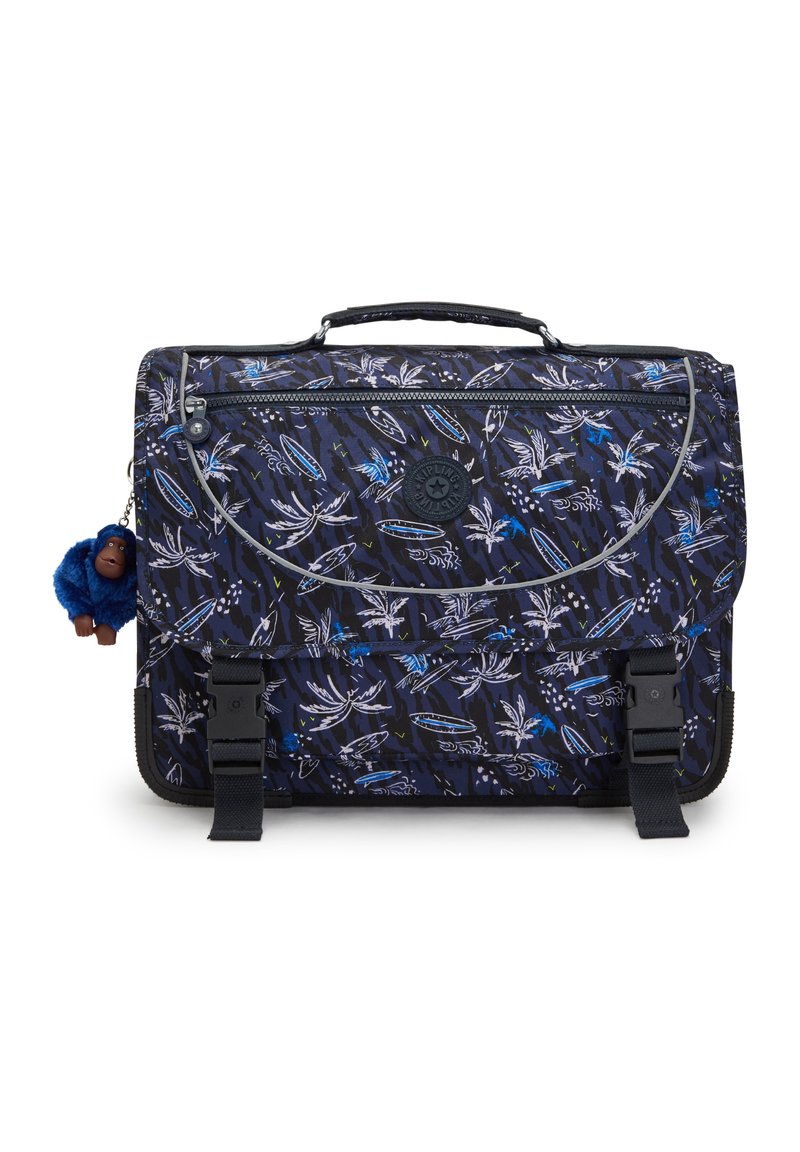 Mochila negra y azul con estampado floral, que incluye correas ajustables, una solapa frontal y un charm decorativo de mono.