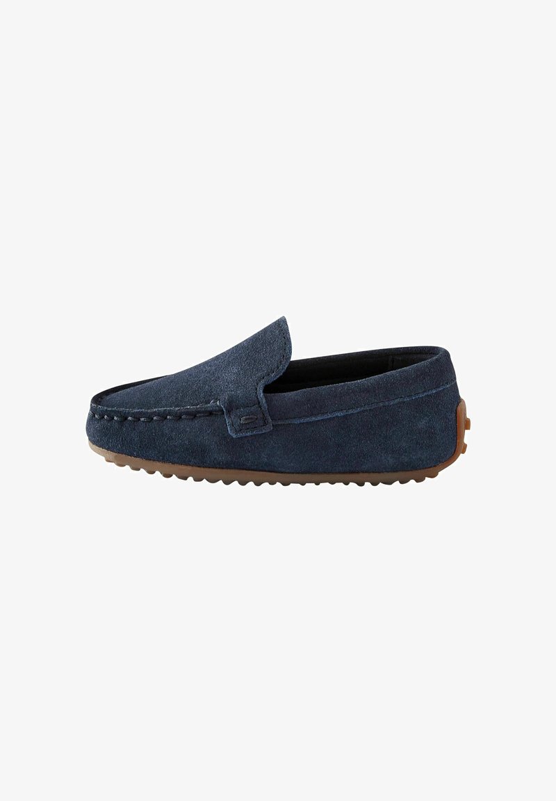 Blue suede loafer shoe with a rounded toe, elastic side panel, and rubber outsole. The upper is textured, and the sole has small traction nubs.