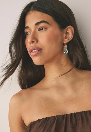 Woman with long dark hair wearing dangling gold earrings with blue gems and a strapless brown top, looking slightly to the side.