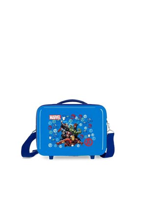 Bolsa de almuerzo temática de Blue Marvel con los personajes de los Vengadores Iron Man, Hulk, Capitán América y Thor, junto con múltiples logotipos de los Vengadores.
