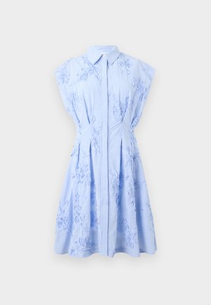 Robe sans manches bleu clair avec col et fermeture boutonnée sur le devant, ornée de broderies florales en relief et d'une jupe évasée sur fond uni.