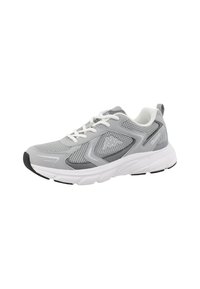 Gray athletic shoe with mesh upper, white laces, and thick white sole. Features a black outsole and side logo detailing in gray.