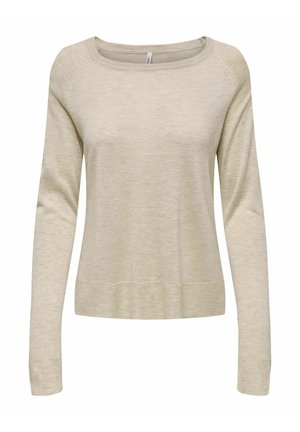 Suéter largo beige claro de mangas largas con escote redondo. Hecho de una tela suave y texturizada con puños y dobladillo acanalados. Diseño simple y limpio.