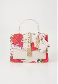 Borsa floreale con tracolla a catena dorata, caratterizzata da un motivo floreale rosa, corpo color crema e un mini portacarte staccabile. Dettagli in metallo dorato.